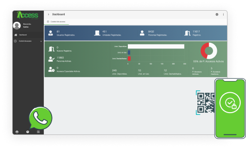 muckup sistema Access en pantalla de computador con ilustración de teléfono y logo whatsapp a los lados