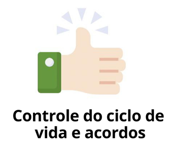 ícone ilustrado de mão com polegar para cima e texto "controle do ciclo de vida e acordos".