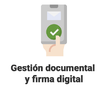 ícono ilustrado de de teléfono con el texto "Gestión documental y firma digital".