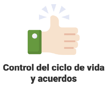 ícono ilustrado de de mano con pulgar hacia arriba y texto "Control de ciclo de vida de acuerdos".